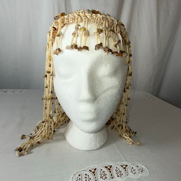 Vintage Handmade Beaded Headdress – Natural Horn & Shell Fringe, Artisan Boho Fe main image 13